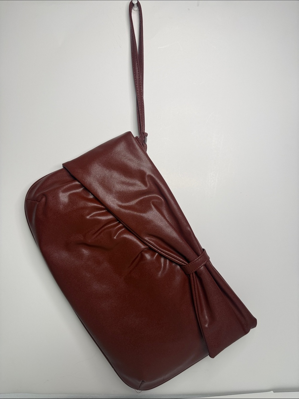 Vintage 80s Burgundy Leather Bow Clutch Bag YKK Zipper